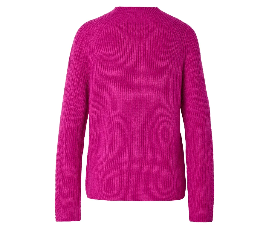 Rückansicht eines pinkfarbenen Strickpullovers mit Rundhalsausschnitt.