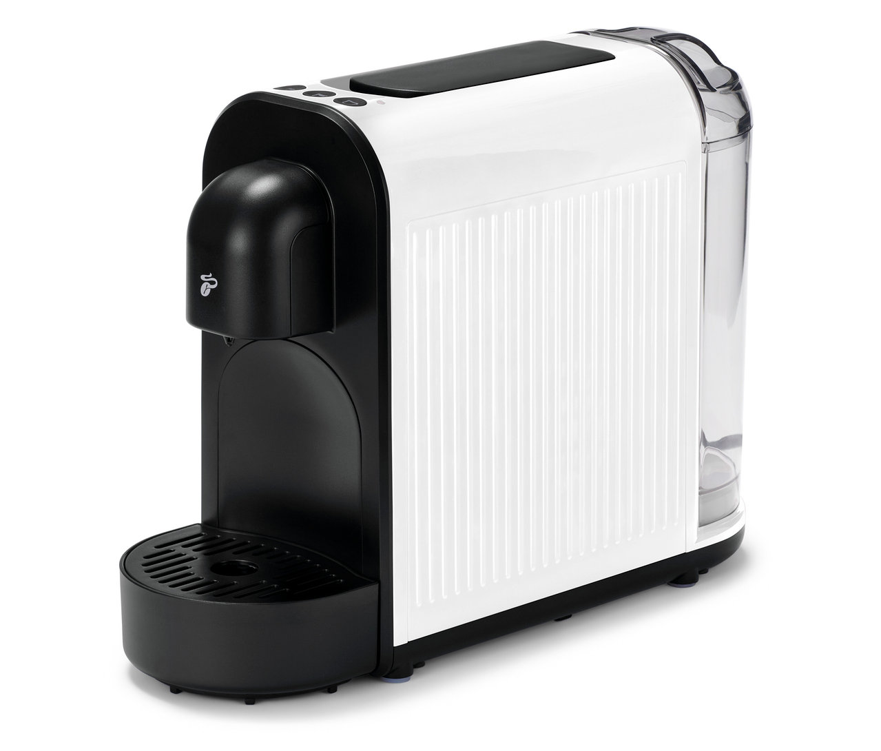 Die weiße Cafissimo now white Kaffeemaschine steht auf einem weißen Untergrund.