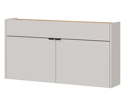 Grauer Wandschrank mit zwei Türen und schwarzen Griffen vor einem weißen Hintergrund.