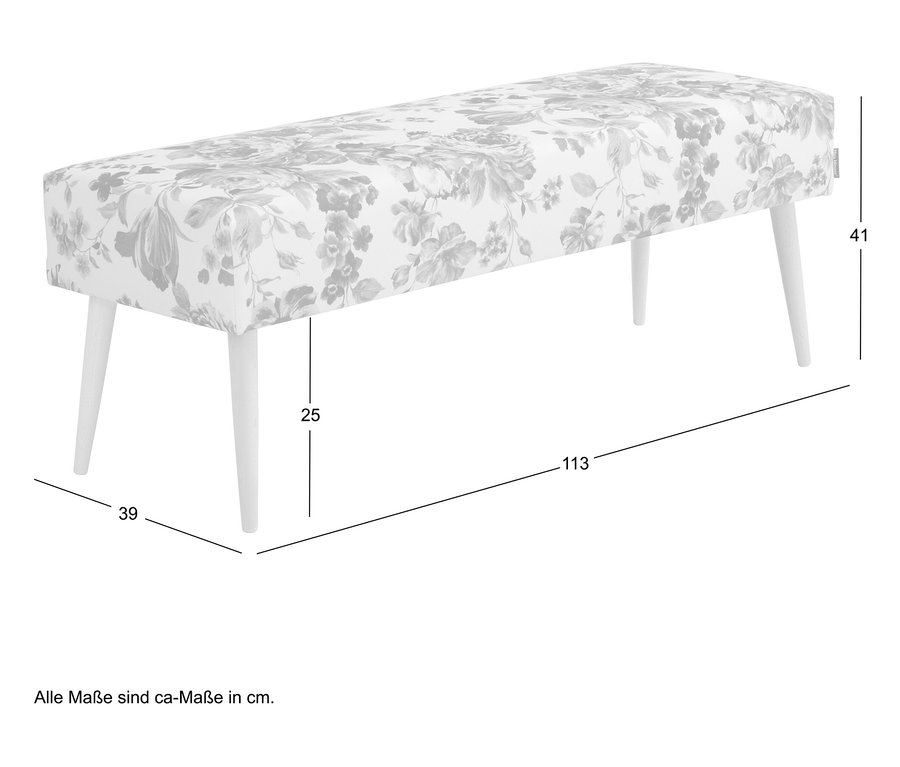 Abbildung einer gepolsterten Bank mit Blumenmuster und vier Beinen, zusammen mit Maßangaben in Zentimetern.