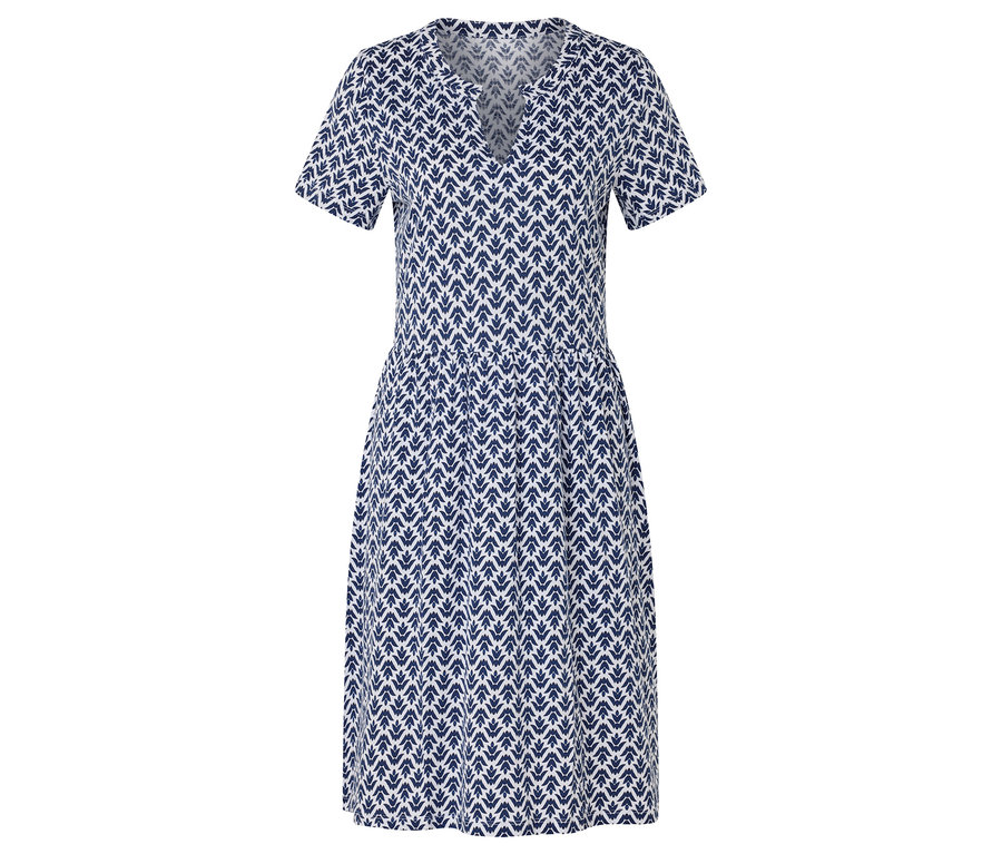 Ein blau-weißes Kleid mit V-Ausschnitt und kurzem Ärmel.