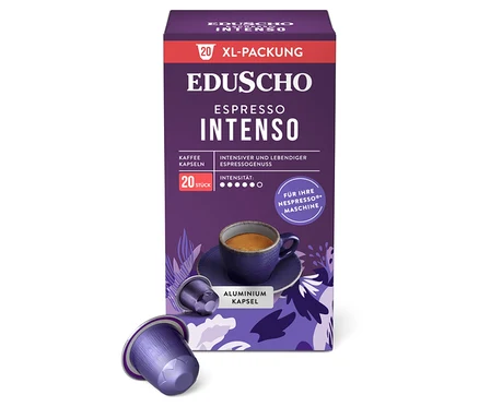 Eine Packung Eduscho Espresso Intenso Kaffeekapseln mit 20 Stück und einer Aluminiumkapsel.