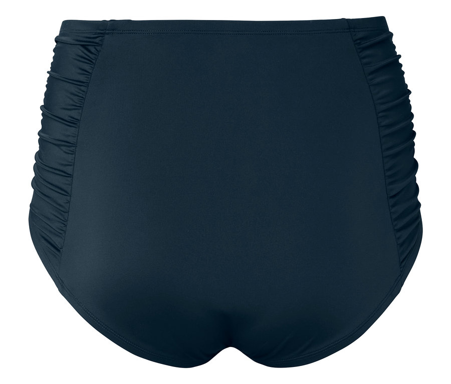 Dunkelblaue Badehose mit gerafften Seitendetails, von hinten fotografiert.