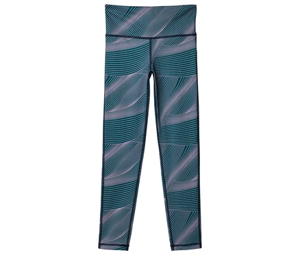 Grün-blaue Leggings mit geschwungenem, hellrosa Muster.
