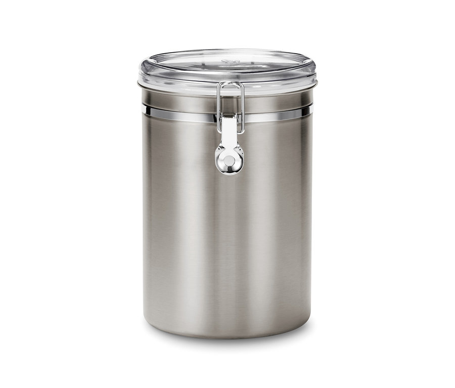 Eine Aromadose 1 kg, Edelstahl steht auf einem weißen Hintergrund.