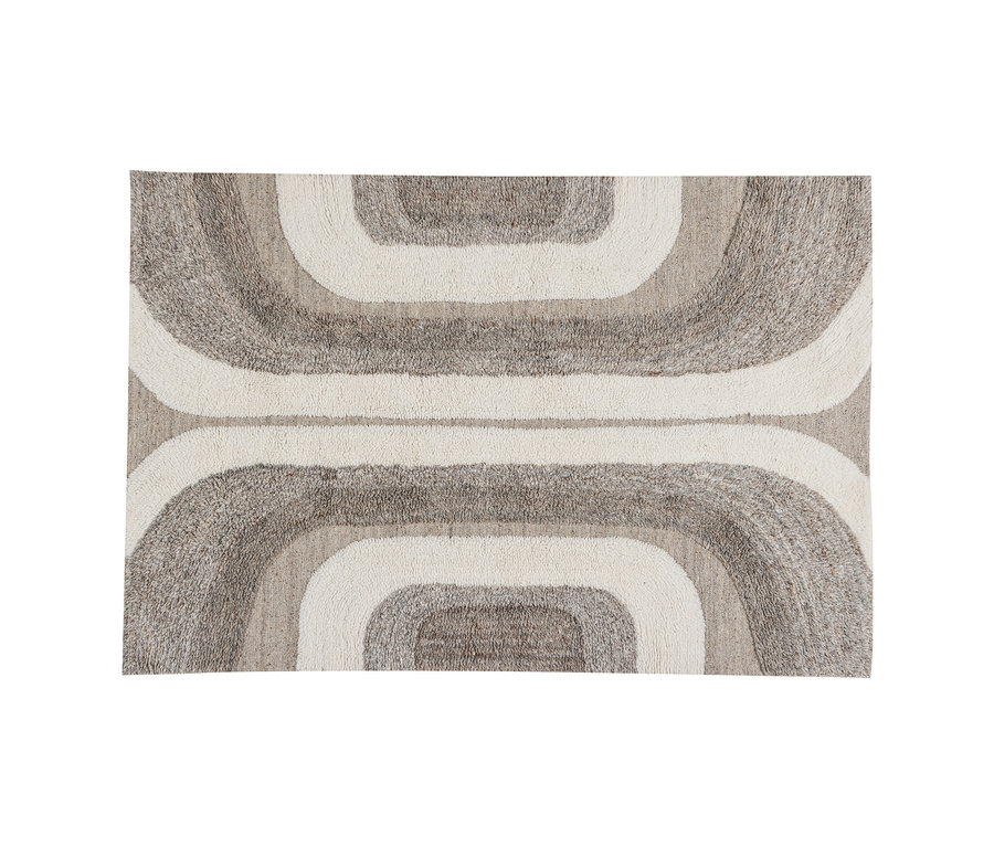 Rechteckiger Teppich mit geometrischem Muster aus geschwungenen Linien in Beige, Weiß und Braun.