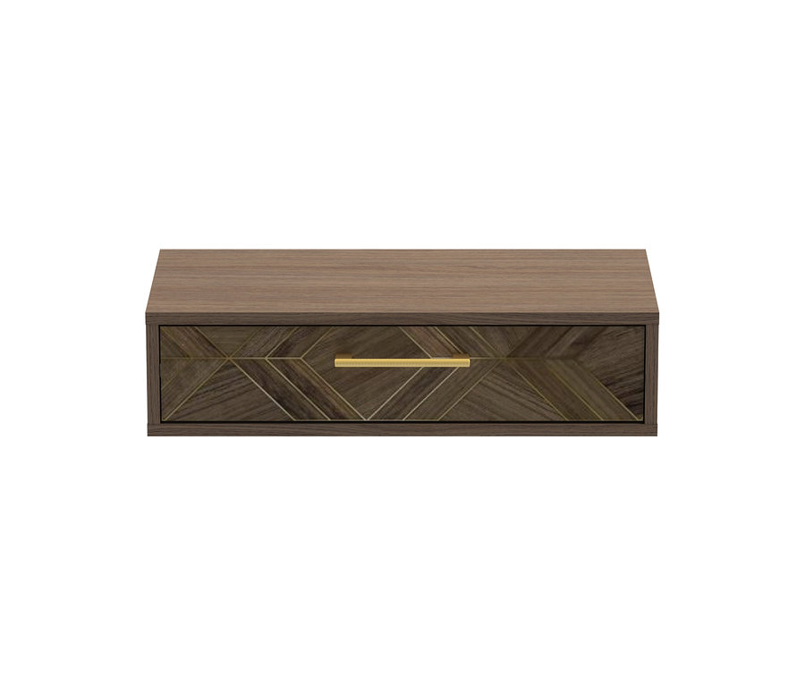 Dunkelbraune Hängekonsole »Glenn« mit einer Schublade. Die Schubladenfront zeigt ein geometrisches Holzmuster und einen goldfarbenen Griff.