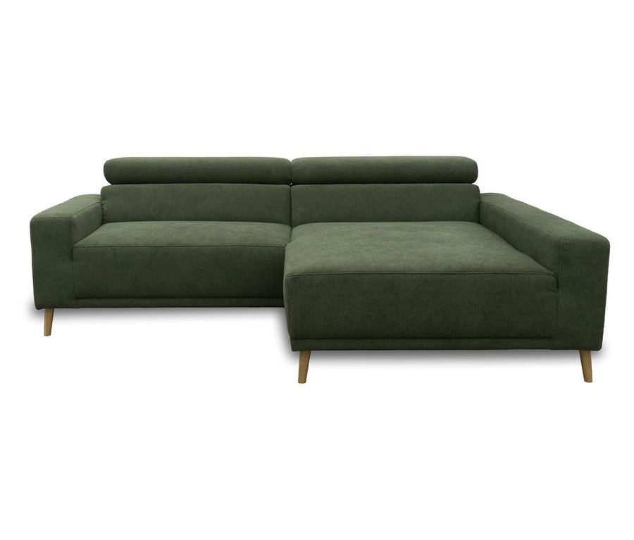 Grünes DOMO Sofa „Malmö“ mit Longchair rechts, Kopfteilverstellung und Holzfüßen.