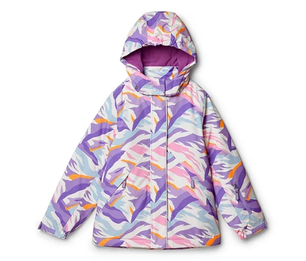 Kapuzenjacke mit farbenfrohem, abstraktem Muster in Weiß, Lila, Hellblau, Pink und Orange, mit lila gefütterter Kapuze, verdecktem Reißverschluss und Reißverschlusstaschen.