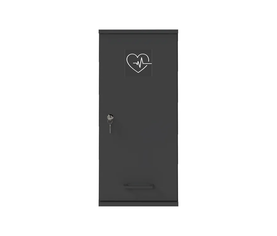 Anthrazitfarbener Medizinschrank »Galeno« mit einer Tür, weißem Herz-EKG-Symbol, Schloss mit Schlüssel und Griff.