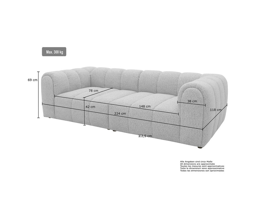 Graues DOMO Bigsofa »Aalborg« mit schmalem Sitzraster, 224 cm breit, 118 cm tief, 69 cm hoch, Sitzhöhe 42 cm, max. 300 kg.