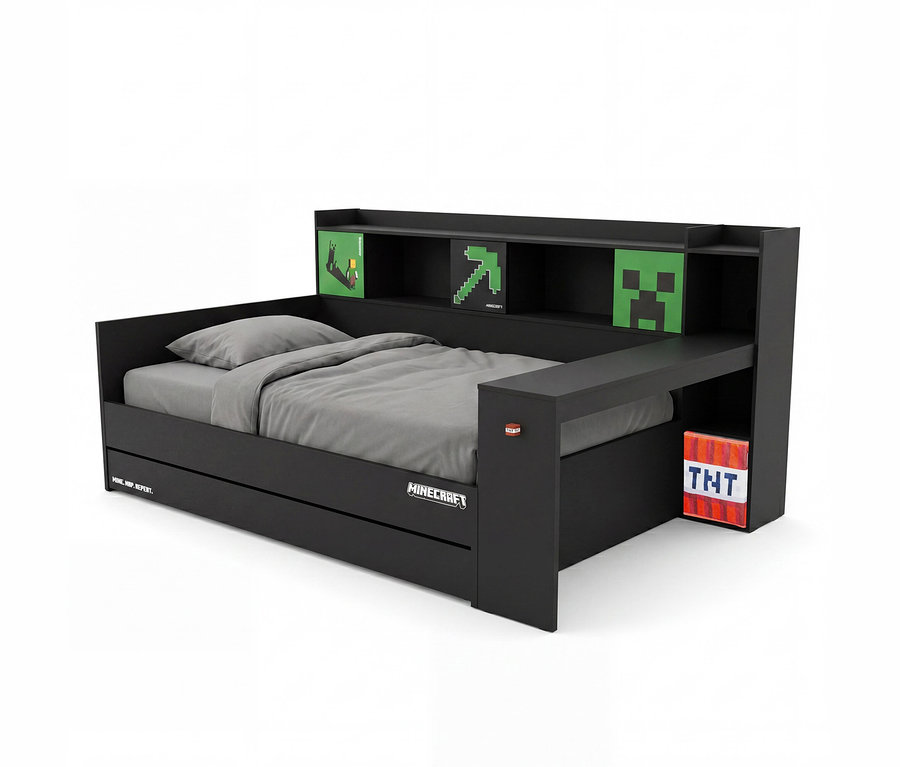 Schwarzes Roba Minecraft Jugendbett (120x200 cm) mit Schreibtisch, Gästebettfunktion und Kopfteilregalen. Graue Bettwäsche, Minecraft-Motive (Creeper, Spitzhacke) und ein TNT-Block sind sichtbar.