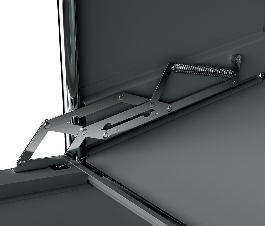 Detail einer grauen schmalen Kommode Metall »CN3« mit Klappfach und Holzplatte.