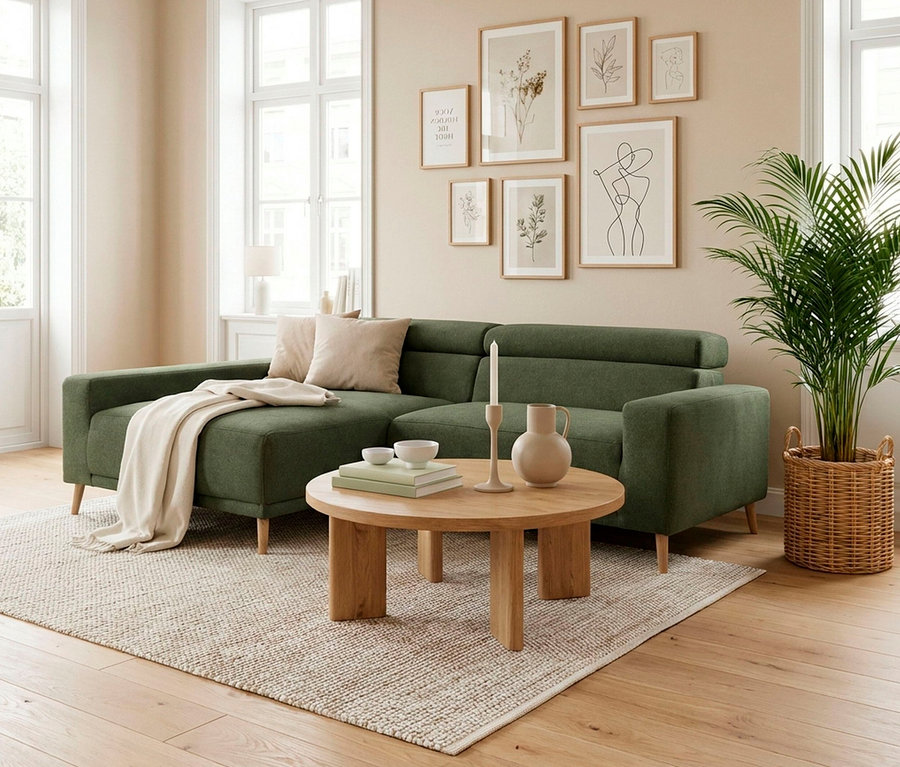 Ein Wohnzimmer mit einem grünen L-förmigen Sofa, einem runden Holztisch mit Deko und einem hellen Teppich. An der Wand hängen sieben gerahmte Bilder, und rechts steht eine große Palme in einem Weidenkorb.