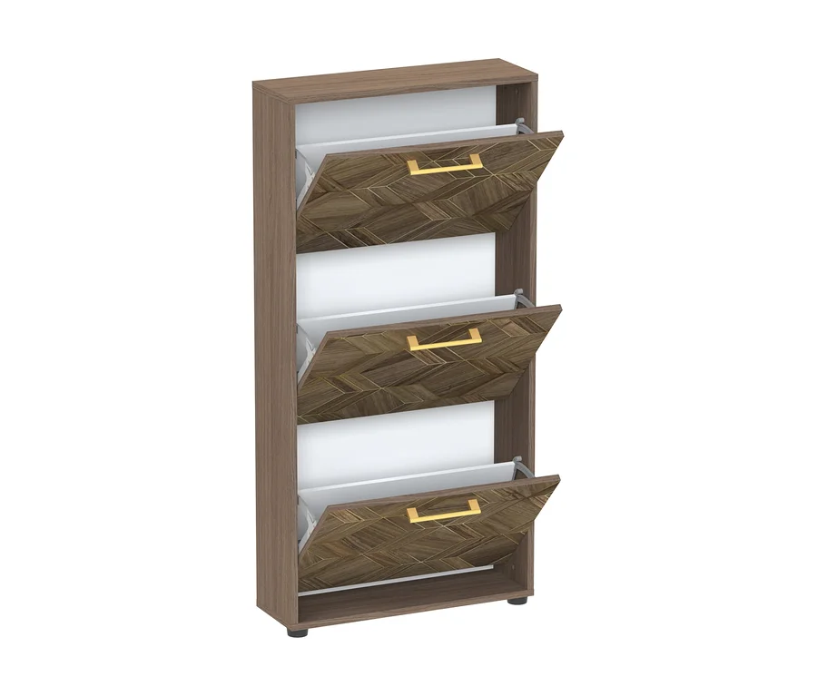 Brauner Schuhschrank #Glenn# mit 3 geöffneten Klappen, die ein geometrisches Muster und goldene Griffe zeigen.