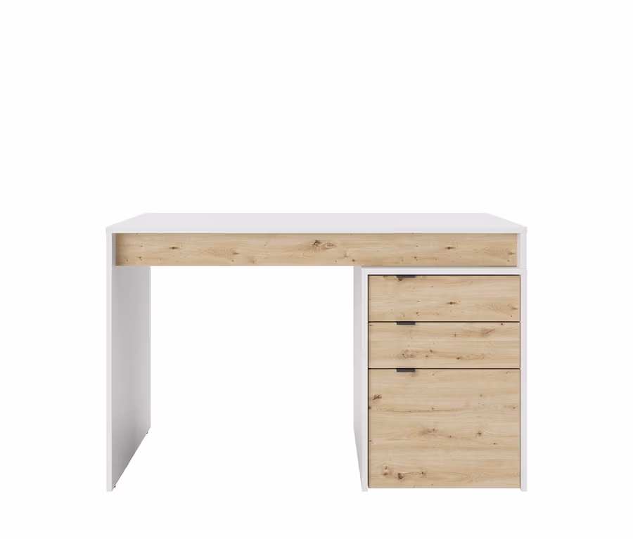 Ein Schreibtisch in Weiß und Holzoptik mit drei Schubladen.