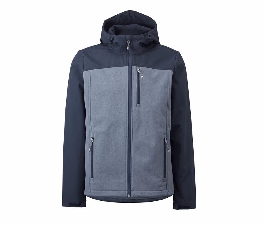 Graue Softshelljacke mit dunkelblauen Schultern und Kapuze.