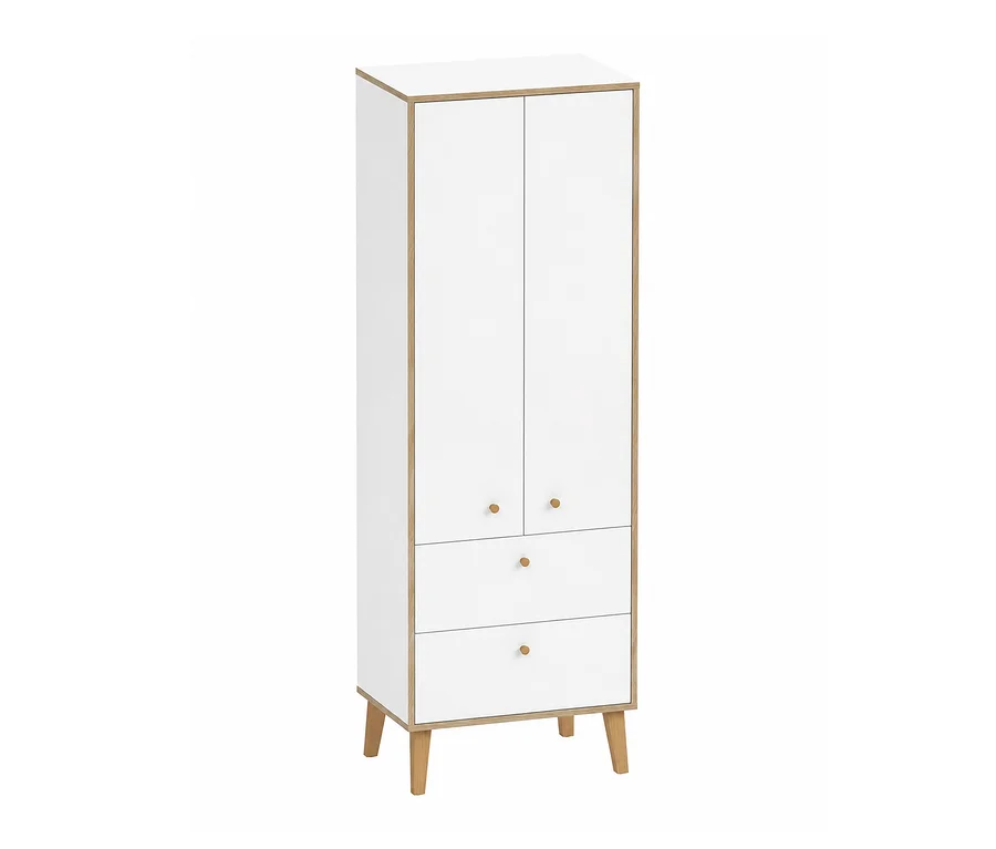 Weißer und hellbrauner WS_Lucka Kleiderschrank mit zwei Türen, zwei Schubladen, Holzgriffen und Holzbeinen.