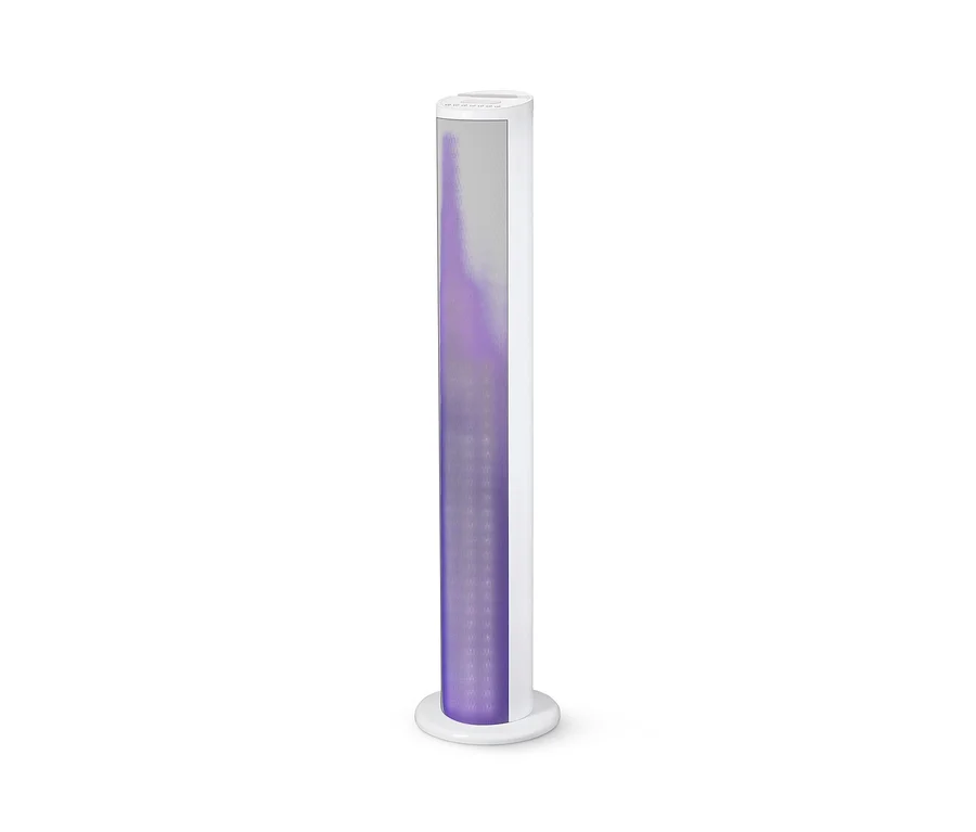 Ein weißer Lenco-Bluetooth®-Lautsprecherturm BTL-450 mit violetter Beleuchtung.