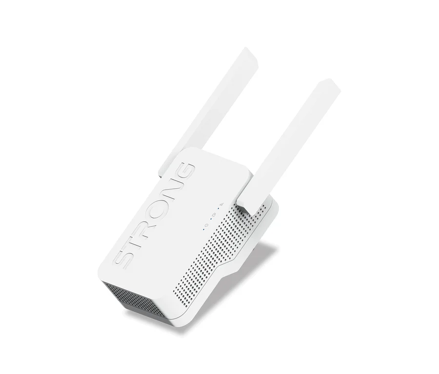 Weißer Strong WiFi 6 Repeater »AX 3000« mit zwei Antennen und Lüftungsschlitzen.