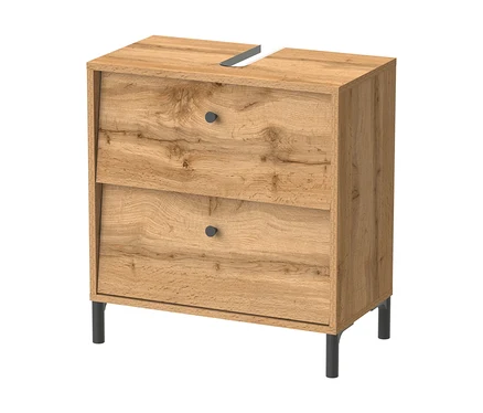 Eichenfarbener Waschbeckenunterschrank „Cottage“, 60 cm, mit zwei Schubladen, dunklen Griffen, dunklen Beinen und einer Aussparung oben für ein Waschbecken.