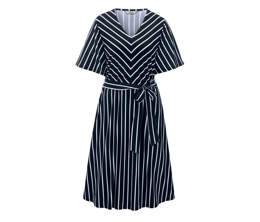 Gestreiftes Midi-Kleid mit Bindeband in Schwarz und Weiss.