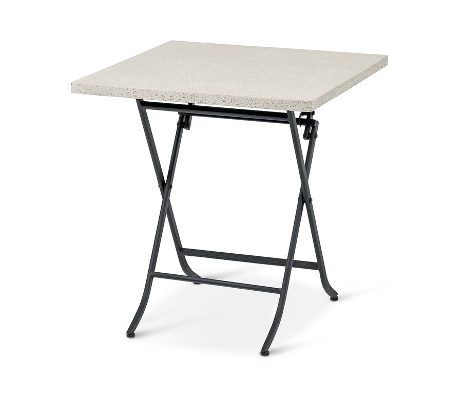 Ein klappbarer Bistrotisch, ca. 70 x 70 cm, mit heruntergeklappten Beinen.