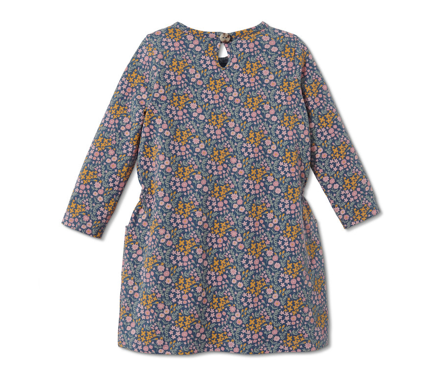 Blaues Jerseykleid mit Blumenmuster.