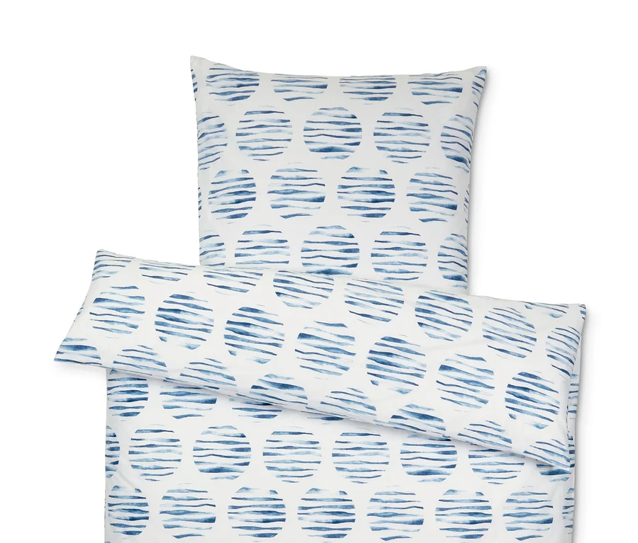 Weiße Perkal-Bettwäsche mit blauen Kreisen, Normalgröße.