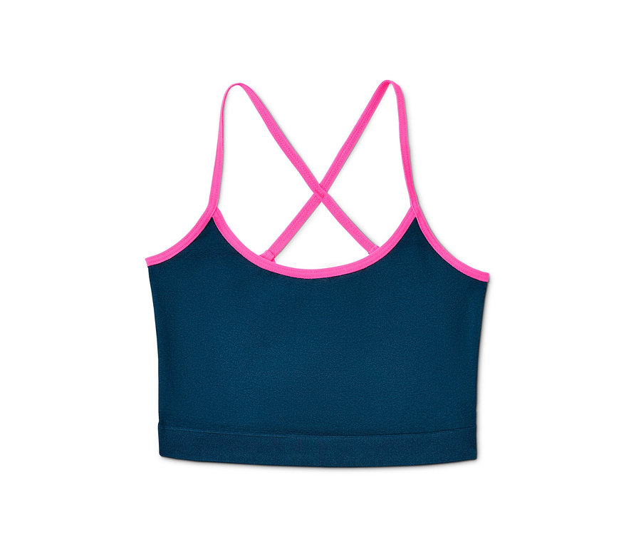 Marineblaues Kinder-Sportbustier mit pinkfarbenen Trägern und Saum aus recyceltem Material.
