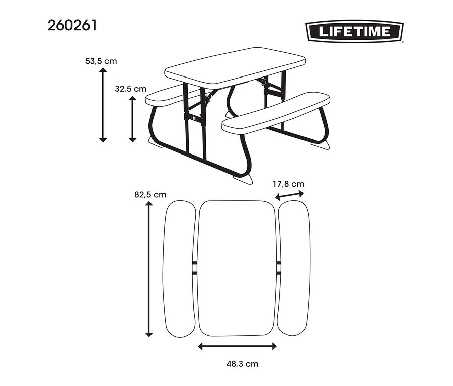 Abmessungen des blauen LIFETIME Kinder-Picknicktisches »80094G«.