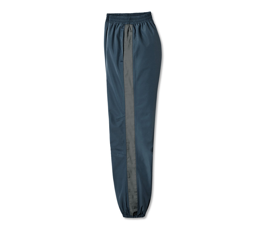 Blaue Kinder-Regenhose mit grauem Streifen.