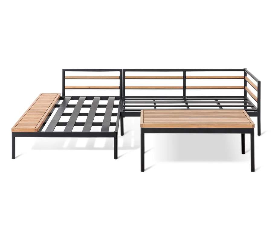 Lounge-Ecke Elin mit schwarzem Rahmen und Holzelementen.