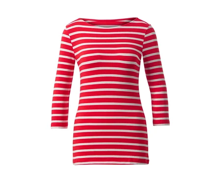 Gestreiftes Shirt mit 3/4-Arm, rot-weiß gestreift.