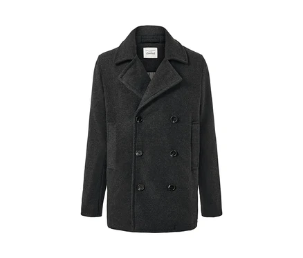 Graue Cabanjacke mit zweireihiger Knopfleiste.