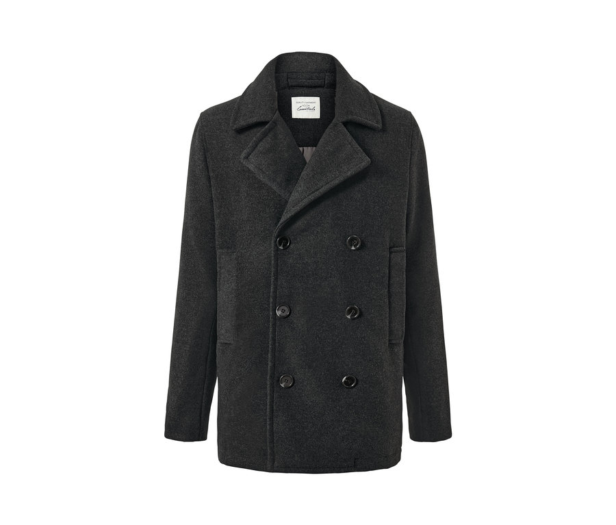 Graue Cabanjacke mit zweireihiger Knopfleiste.
