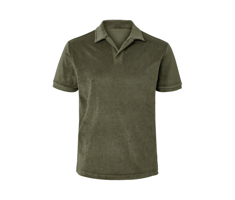 Khakifarbenes Frottee-Poloshirt.