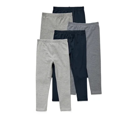 Fünf Kinder-Leggings in verschiedenen Farben und Mustern.