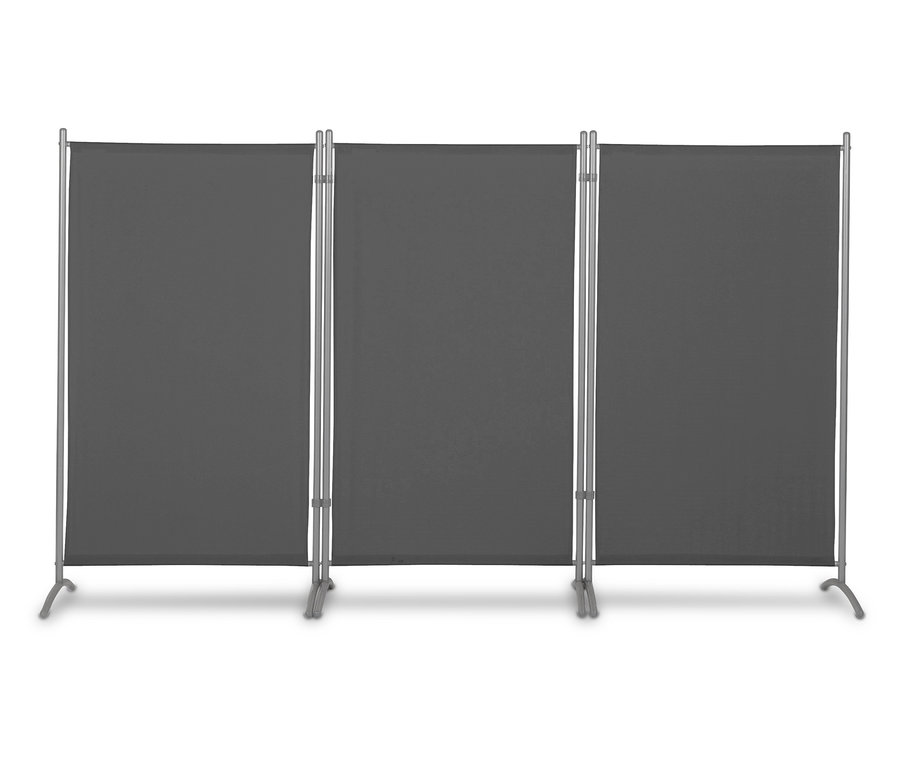 Eine dreiteilige, anthrazitfarbene Leco Stellwand.