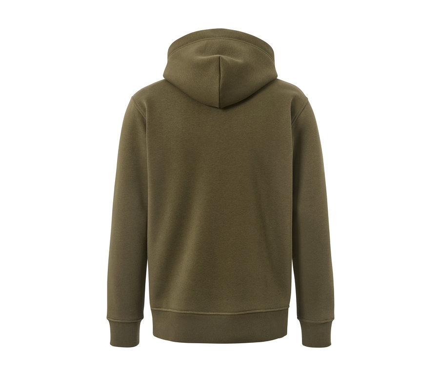 Rückansicht eines olivgrünen Hoodies.