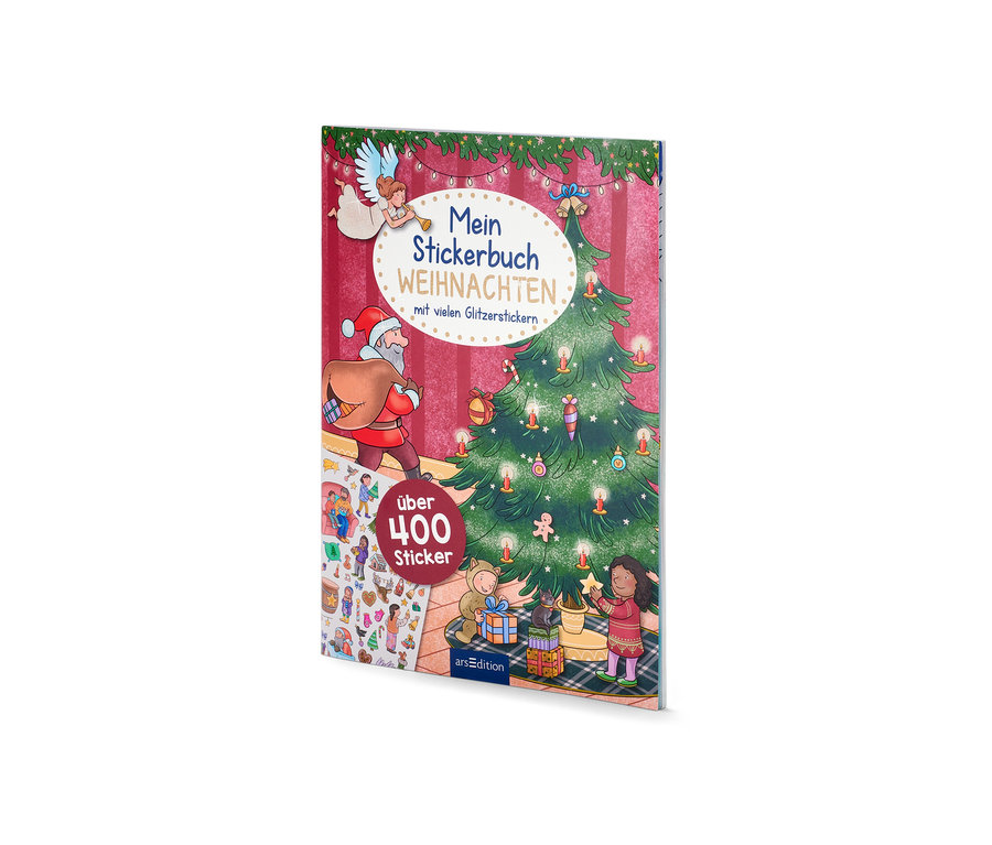 Ein Weihnachtsstickerbuch mit Abbildungen von Weihnachtsmann, Engel und Weihnachtsbaum.