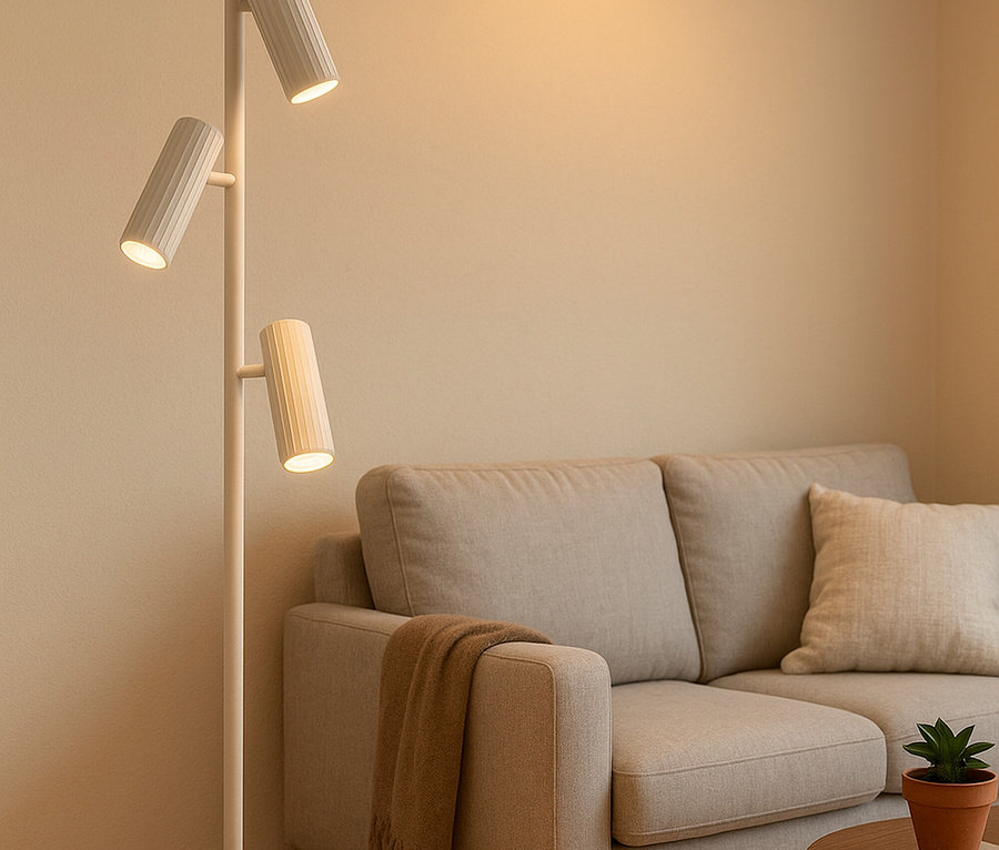 Wohnzimmer mit beigem Sofa, Couchtisch aus Holz und einer weißen Stehlampe mit drei Leuchten.