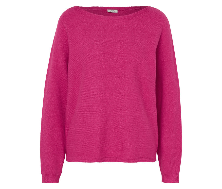 Detailansicht eines fuchsiafarbenen Pullovers mit langen Ärmeln und Rundhalsausschnitt.