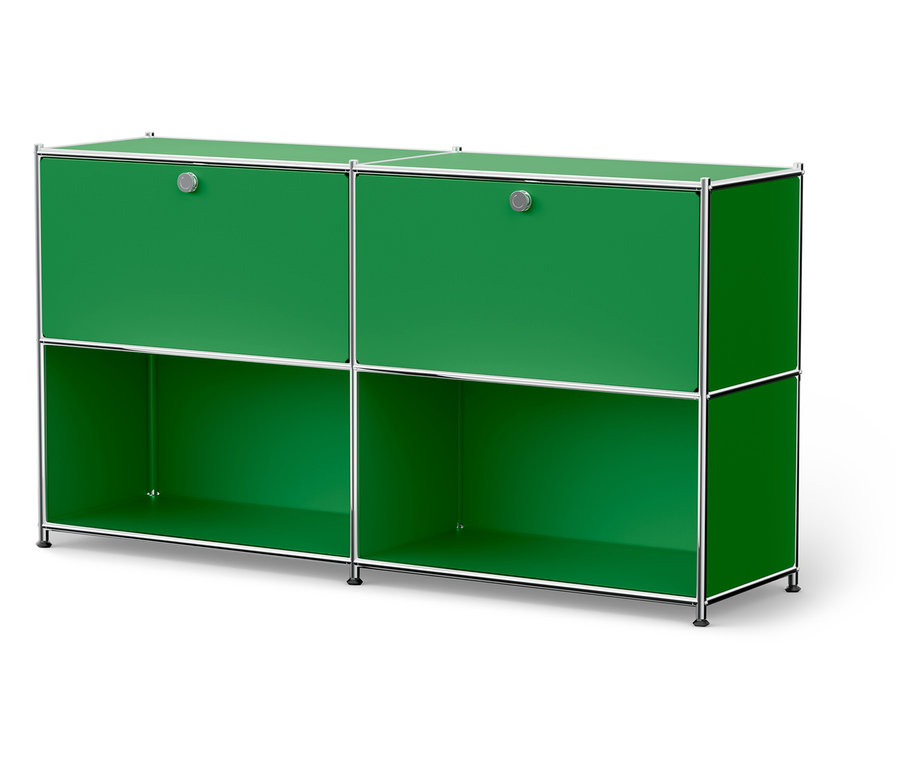 Grüner Schrank mit vier Fächern und silbernem Rahmen.