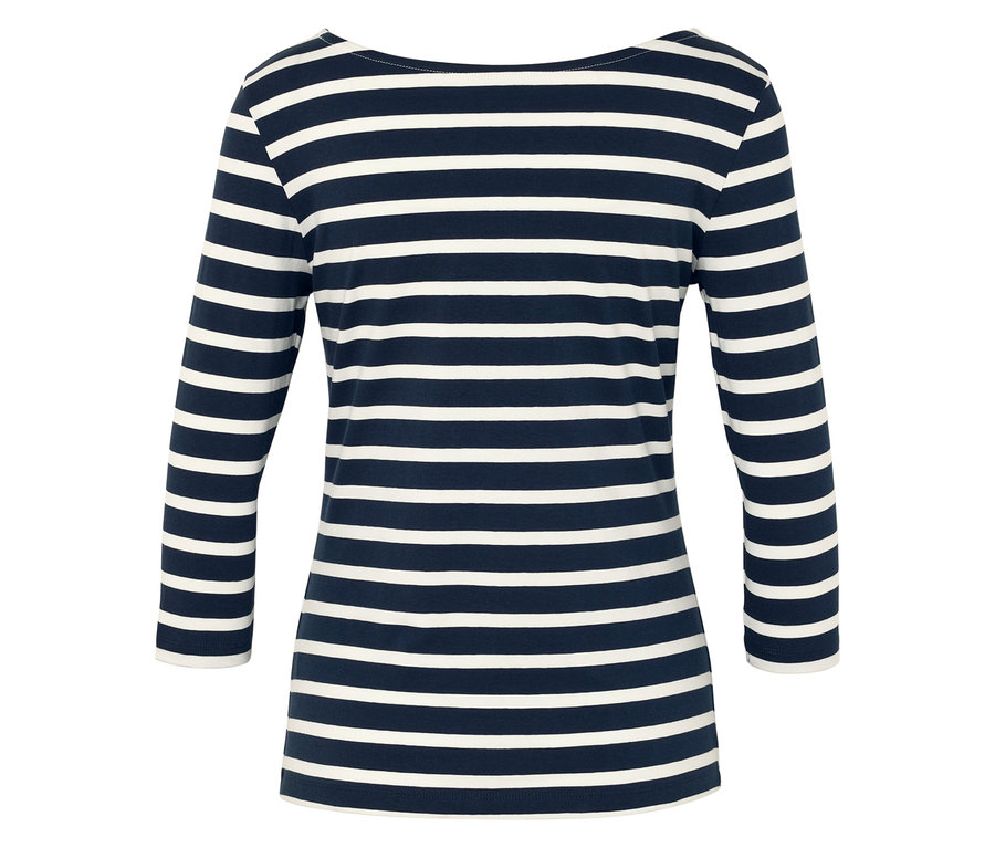 Ein langärmliges, gestreiftes Shirt in Marineblau und Weiß.