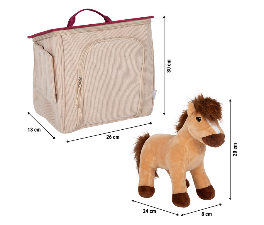 Eine beige gestreifte Tasche mit weinroten Details und ein braunes Plüschpferd. Die Maße sind dargestellt.
