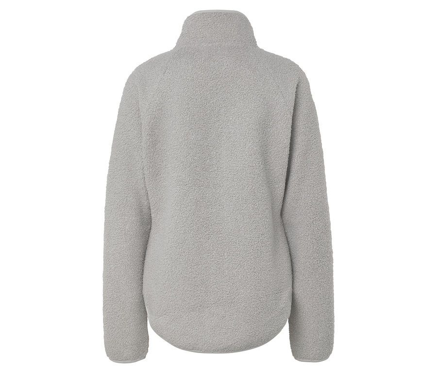 Rückansicht eines grauen Fleece-Pullovers mit Reißverschluss am Kragen.