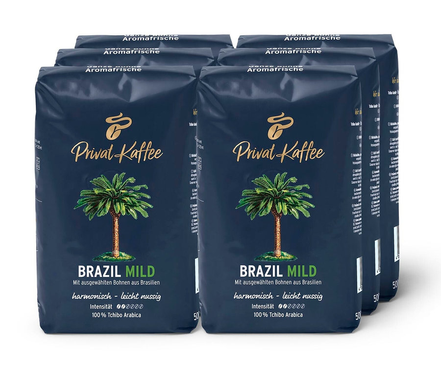 Sechs Packungen Privat Kaffee Brazil Mild - 6x 500 g Ganze Bohne.