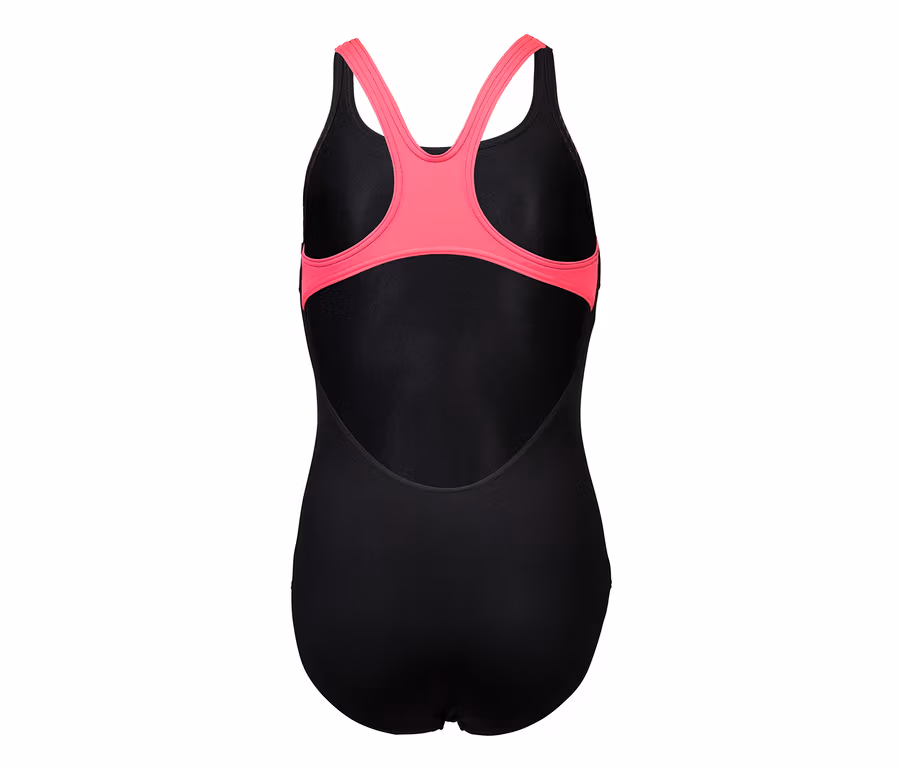 Schwarzer arena Performance Kinder-Badeanzug Poseidonia Swim Pro Back mit pinkfarbenen Trägern und Bündchen, Rückansicht.