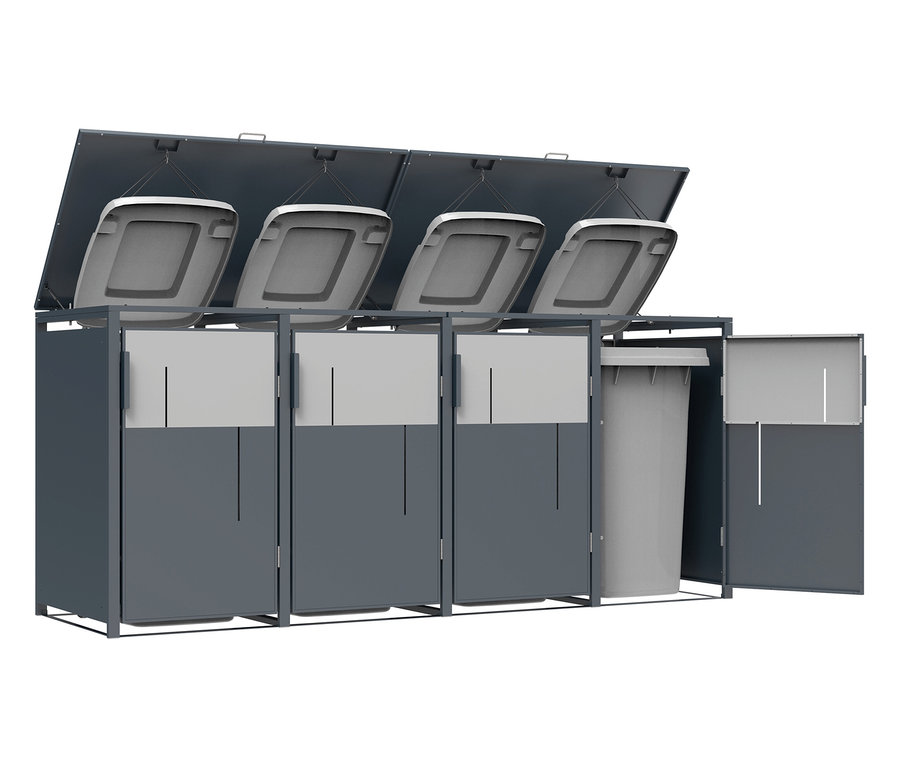 Grauer Recycling-Mülleimer mit vier Fächern, drei geschlossen und eines offen.